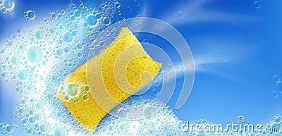 Cleaning foam with yellow sponge and bubbles. Vector Illustration