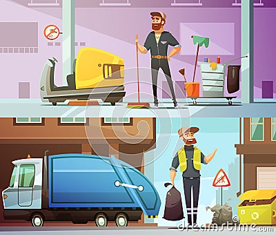 Cleaning Garbage Collecting Cartoon Banners Set Vector Illustration