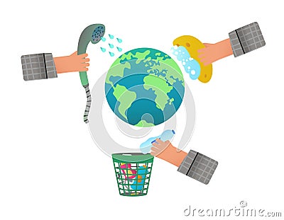 Cleaning garbage and dirt from the planet earth. Clipart Cartoon Illustration