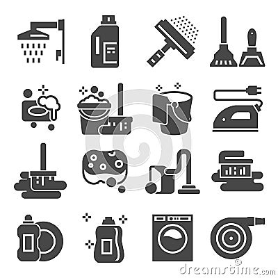 Cleaning gray icons set. Laundry, Sponge and Vacuum cleaner signs. Washing machine Cartoon Illustration