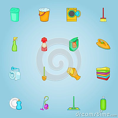 Cleaning house icons set, cartoon style Vector Illustration