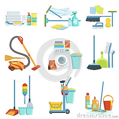 Cleaning Household Equipment Sets Vector Illustration