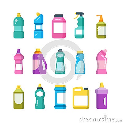 Cleaning household products. Chemical cleaners bottles. Sanitary containers vector set Vector Illustration