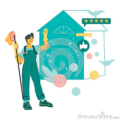 Cleaning housekeeping and washing services janitor or cleaner standing near clean house. Vector Illustration