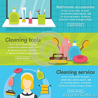 Cleaning hygiene banner horizontal set, flat style Vector Illustration