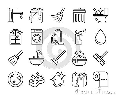 Cleaning icon. Cleaning and Household Supplies line icons set. Editable stroke. Vector Illustration