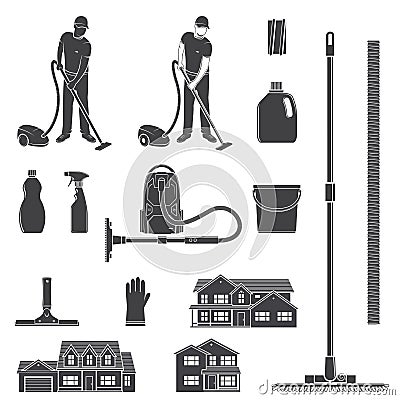 Cleaning icon silhouette for emblems and labels. Set include man with vocuum cleaner, eguipment, houses. Vector Vector Illustration