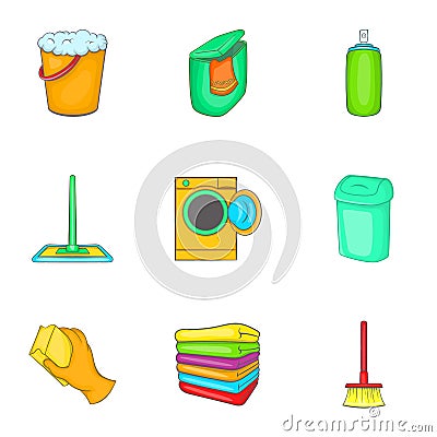 Cleaning icons set, cartoon style Vector Illustration