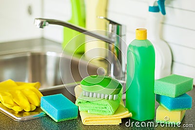 Cleaning items household kitchen brush sponge glove Stock Photo