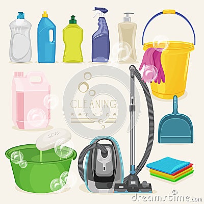 Cleaning kit icons. Supplies. Vector Illustration