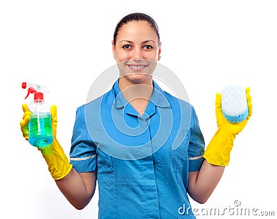 Cleaning lady with bottle of detergent and sponge Stock Photo