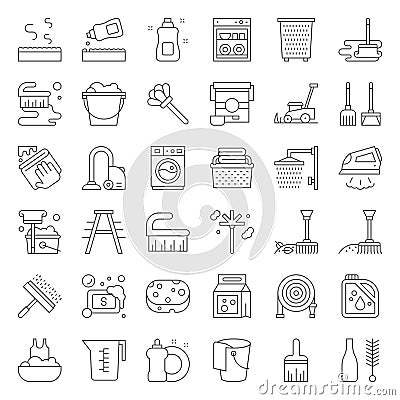 Cleaning and laundry service and equipment outline icon set Vector Illustration