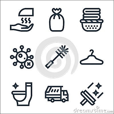 cleaning line icons. linear set. quality vector line set such as squeegee, garbage truck, toilet, clothes hanger, wc, virus, Vector Illustration