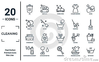 cleaning linear icon set. includes thin line bin, bubbles, scrub brush, dishwashing detergent, hot water, hand wash, cleaning Vector Illustration