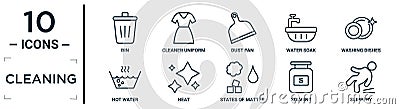 cleaning linear icon set. includes thin line bin, dust pan, washing dishes, neat, solvent, slippery, hot water icons for report, Vector Illustration