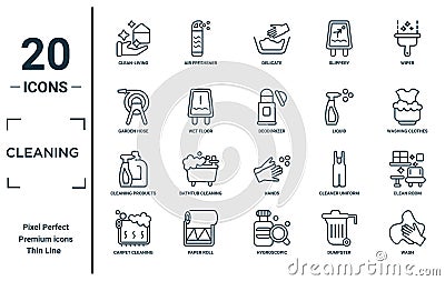 cleaning linear icon set. includes thin line clean-living, garden hose, cleaning products, carpet cleaning, wash, deodorizer, Vector Illustration