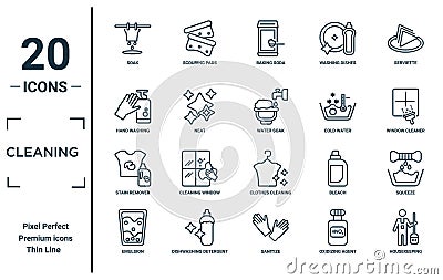 cleaning linear icon set. includes thin line soak, hand washing, stain remover, emulsion, housekeeping, water soak, squeeze icons Vector Illustration