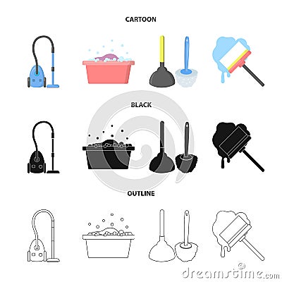 Cleaning and maid cartoon,black,outline icons in set collection for design. Equipment for cleaning vector symbol stock Vector Illustration