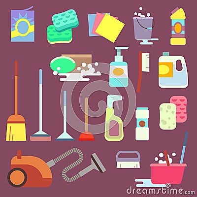 Cleaning maid equipment or service vector flat icons Vector Illustration