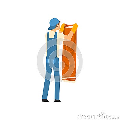 Cleaning Man Hanging Clean Wet Clothes, Male Worker Character Dressed in Uniform and Rubber Gloves, Cleaning Service Vector Illustration