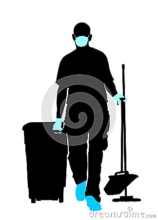 Cleaning man with protective gear, face mask and medical gloves vector silhouette. Floor care service with washing mop sterile. Stock Photo