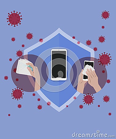 Cleaning mobile phone to protection and eliminate germs Vector Illustration