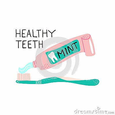 Cleaning mouth tools doodle. Toothbrush with toothpaste, hand drawn morning hygiene, oral care concept. Vector cartoon isolated Vector Illustration