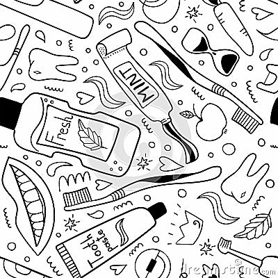 Cleaning mouth tools line seamless pattern. Toothbrush, toothpaste and dental floss, hand drawn morning hygiene oral care, Vector Illustration