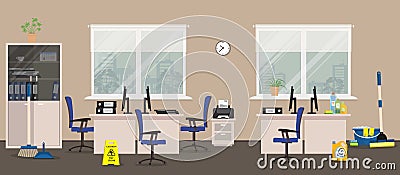 Cleaning in the beige office room Vector Illustration