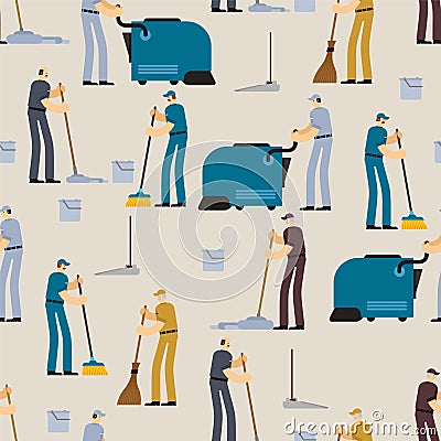 Cleaning pattern seamless. Janitor and Cleaner background. broom and Industrial Vacuum Cleaner. sweeping brush and Bucket. Service Vector Illustration