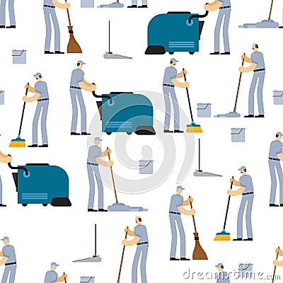 Cleaning pattern seamless. Janitor and Cleaner background. broom and Industrial Vacuum Cleaner. sweeping brush and Bucket. Service Vector Illustration