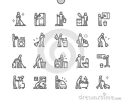 Cleaning people. Service. Wash window and remove trash, wash bathroom and other. Vector Illustration