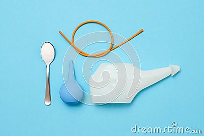 Cleaning procedures for the body: nasal irrigation with salty water and rubber catheter Stock Photo