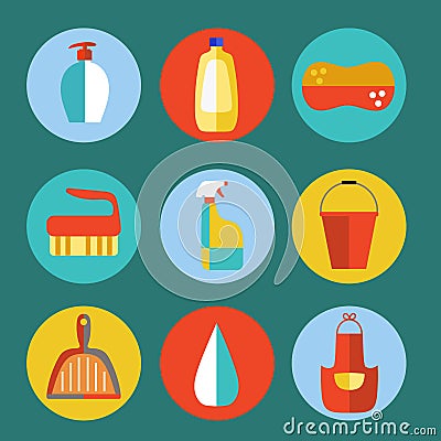 Cleaning products flat icon vector set. Stock Photo