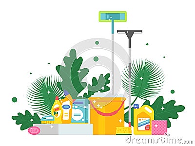 Cleaning products and fresh green leaves, vector illustration. Flat style background with bucket, mop, soap and sponge Vector Illustration