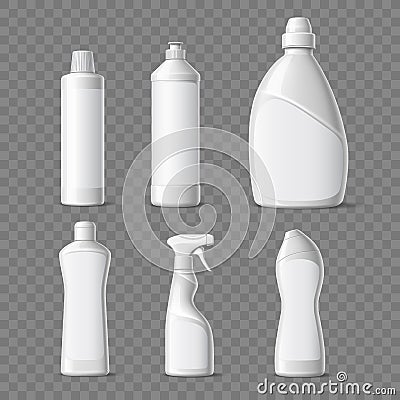 Cleaning products packaging. Realistic household liquid chemicals, white plastic containers, blank housekeeping Vector Illustration