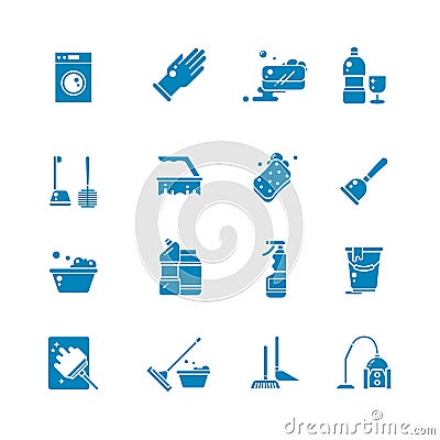 Cleaning products and services silhouette vector icons. Washing supplies and housework black symbols Vector Illustration