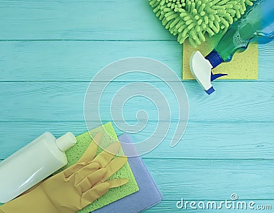 Cleaning products on wooden detergent mock concept frame wash housework sanitary professional Stock Photo