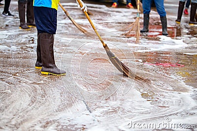 Cleaning in public places to prevent the Corona virus Stock Photo