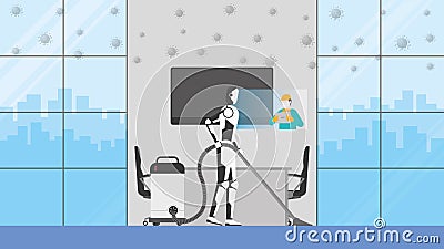 Cleaning robot control by human remote in risk area. office meeting room Vector Illustration