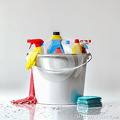 Cleaning room with water in white room with backet Stock Photo