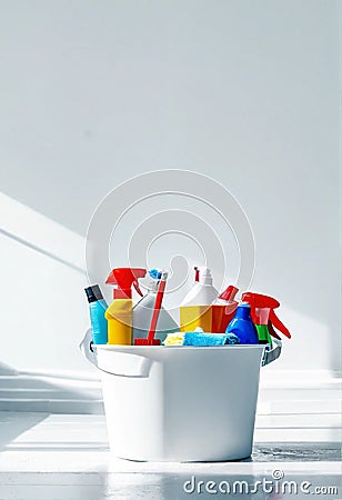 Cleaning room with water in white room with backet Stock Photo