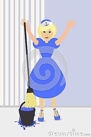 Cleaning. The sailor drabs the deck Vector Illustration