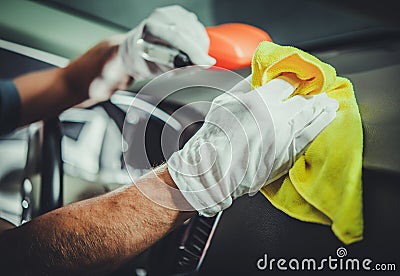 Cleaning and Sanitizing Car Interior and Dashboard Stock Photo