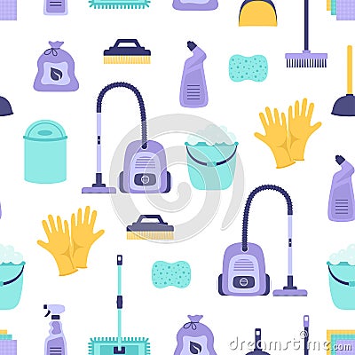 Seamless pattern with cleaning washing housework tools Vector Illustration