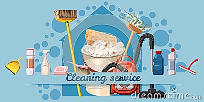 Cleaning service banner horizontal, cartoon style Vector Illustration