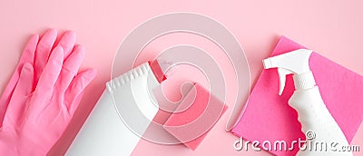 Cleaning service banner mockup. Flat lay house cleaning supplies on pink background. Top view cleaner spray bottle, rag, sponge, Stock Photo