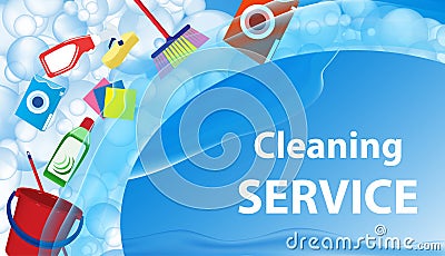 Cleaning service blue background. Banner or poster with soap bubbles and tools, cleaning products for cleanliness. Vector Vector Illustration