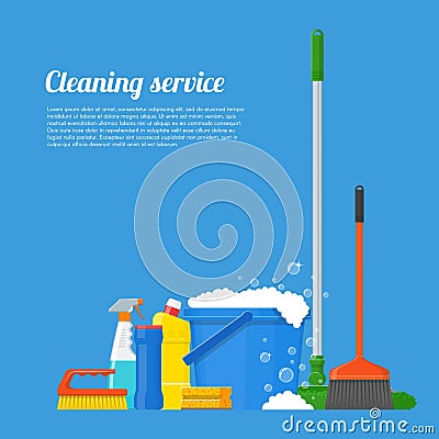 Cleaning service company concept vector illustration. House tools poster design in flat style Vector Illustration