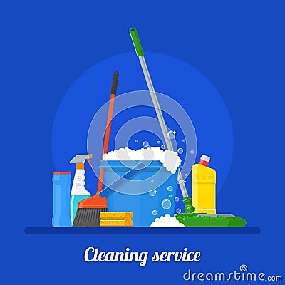 Cleaning service company concept vector illustration. House tools poster design in flat style Vector Illustration